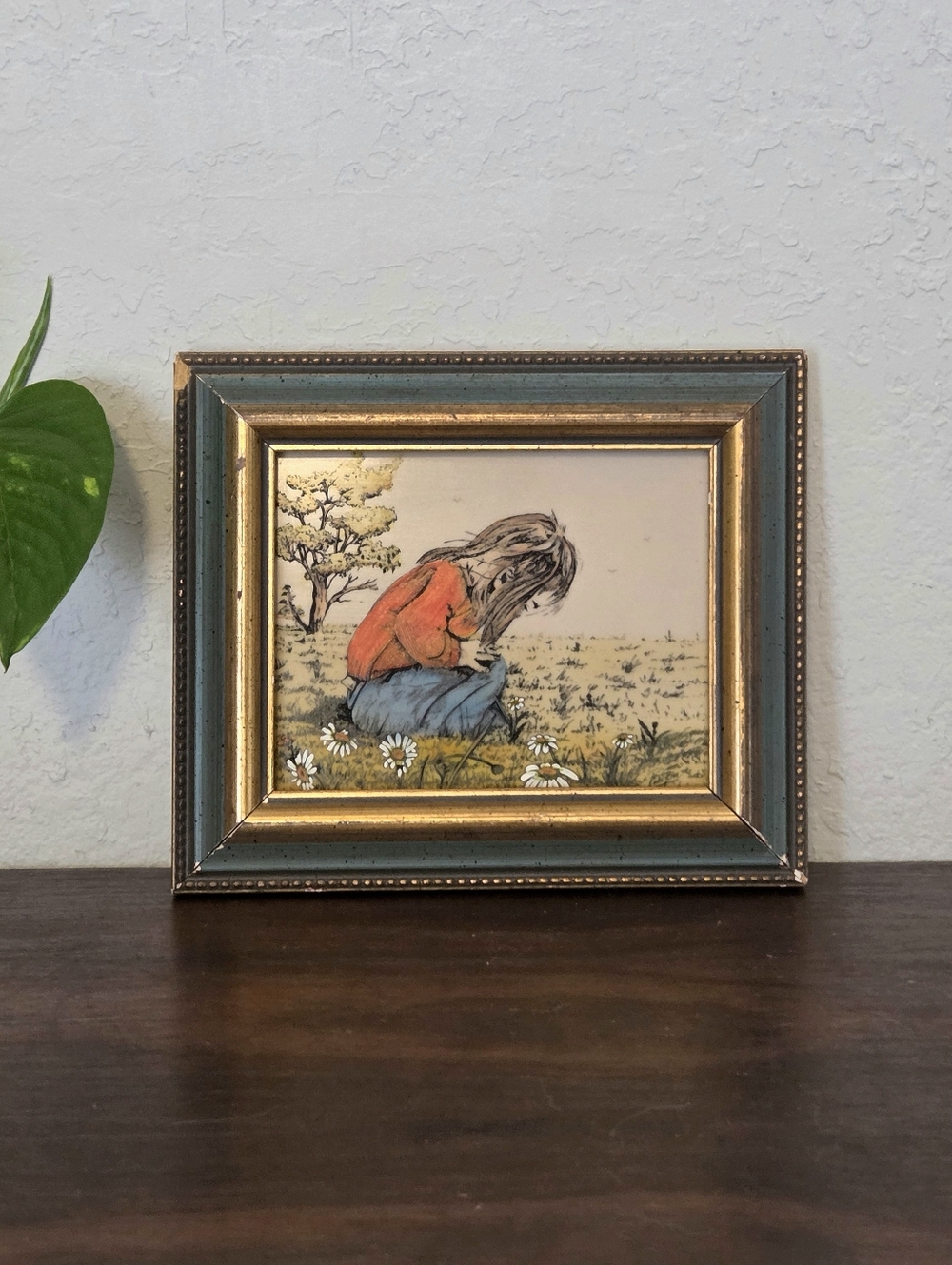 Carlos Rios Etched Painting Girl In Field with Daisies Vintage Framed And Signed